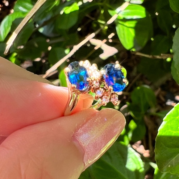 VINTAGE 14K GOLD BLUE SAPPHIRE DIAMOND TOI ET MOI RING ENGAGEMENT ANNIVERSARY - Picture 4 of 16